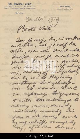 Lettre à Jan Veth, lettre datée du 30 mai 1919 dans la main ultérieure., écrivain : de Nieuwe Gids, écrivain : Willem Kloos, la Haye, 1885 - 1925, encre sur papier, écriture, impression, stylo, argent, Jan Veth, Françoise Henri Jacques Mijnssen Banque D'Images