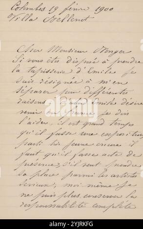 Lettre à Andries Bonger, imprimée, écrivaine : Héloïse Bernard, Colombes, 19 février 1900, encre de papier ligné, écriture, stylo, arts appliqués, arts et artisanat, design industriel, Andries Bonger, Émile Bernard Banque D'Images