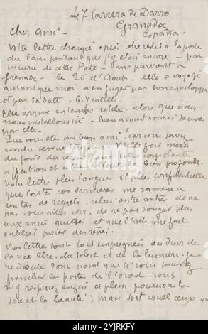 Lettre à Andries Bonger, écrivain : Émile Bernard, Grenade, au plus tard le 27 août 1896, encre papier, écriture, stylo, peinture (y compris enluminure de livre, peinture miniature), architecture, sculpture, le Caire, Grenade, Madrid, Alhambra, Naples, Livourne, Gênes, Barcelone, Valence, Málaga, Andries Bonger, Francisco de Goya, Diego Rodriguez de Silva y Velázquez, Jusepe de Ribera, Bartolomé Esteban Murillo, Pieter Bruegel (I), Rembrandt van Rijn, Raphaël, Léonard de Vinci, Correggio, Canaletto, Titien, Théophile Gautier (1811-1872 Banque D'Images