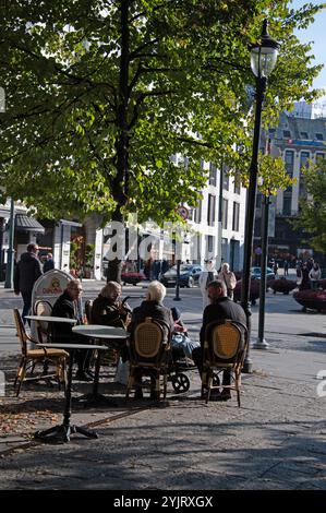 Les clients ayant des rafraîchissements légers et des boissons chaudes / froides dans le soleil matinal d'automne dans le Studenterlunden Park and Garden le long Karl Johnas GA Banque D'Images