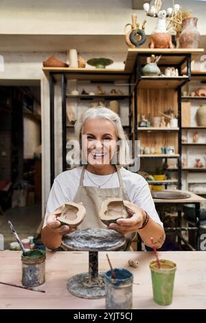 Une femme mature souriante présente sa poterie artisanale dans un studio d'art dynamique. Banque D'Images