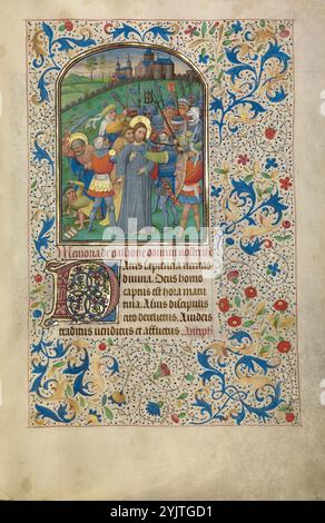 La trahison du Christ ; heures d'Arenberg, début des années 1460 Informations supplémentaires : Judas se penche par derrière pour embrasser Christ, un signal qui révèle l'identité de Jésus aux soldats, qui s'emparent alors de Christ. Les vêtements aux couleurs vives et les mouvements rapides des soldats contrastent avec la tenue sombre et la figure stationnaire du Christ lui-même, qui projette une humeur passive d'acceptation calme. L’image est la première d’une série de représentations de la passion du Christ qui accompagne une séquence de prières consacrées au même sujet. Banque D'Images