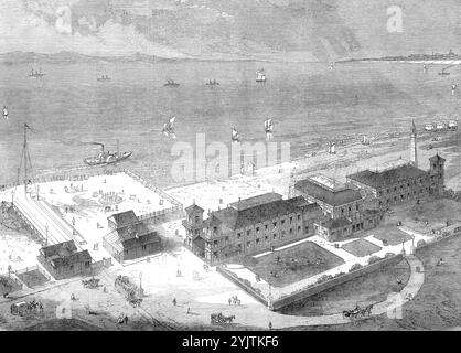 Nouveaux bains et salles de réunion à Southsea, 1871. Point d'arrosage offrant "... les arrangements les plus pratiques et confortables pour la baignade en plein air, avec des salles de divertissement public... le bâtiment a été érigé... par les entrepreneurs, messieurs Neave et Fry, à partir des plans de messieurs Davis et Emanuel, architectes... le site est proche de la jetée et du port ; il a près de 540 pieds. façade à la mer, et est d'environ 130 pieds. Profond... le property...includes, environ 1000 pieds De l'estran, devant et à côté du bâtiment, qui doit être utilisé pour le bain de mer à partir de machines... [il y a un] gentleman Banque D'Images