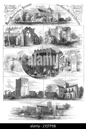 Royal Archaeological Institute of Great Britain &amp ; Irlande, 1872. 'Romsey Abbey Church ; East Window, Netley ; Gateway at Carisbrooke ; Old City Walls, Southampton ; Bargate, Southampton ; Rufus Stone, Minestead; château de Porchester ; église de Croix ; abbaye de Christchurch. L'hôpital de la Croix, ou la Sainte Croix [a] été fondé en 1136... la porte de Bar... était autrefois la porte nord de Southampton... les ruines de l'abbaye de Netley... offrent de bons exemples de construction du XIIIe siècle... L'église de l'abbaye de Romsey... est censée afficher, plus complètement que tout autre, le contour et l'aspect d'une Norma purement Banque D'Images