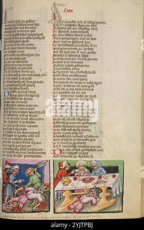 Les membres d'Adonibesek sont coupés : Adonibesek allongé sous la table de Siméon et Juda ; Weltchronik, vers 1400-1410. Banque D'Images