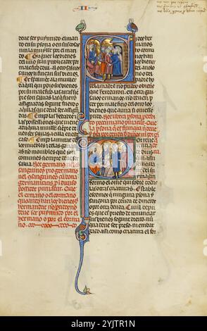 Initial S : un soldat et une famille devant un roi : initial P : quatre hommes devant un roi ; Vidal Mayor, vers 1290-1310. Informations complémentaires : en 1247, avec la reconquête de l'Espagne auprès des forces musulmanes pratiquement terminée, le roi Jacques Ier d'Aragon et de Catalogne, en Espagne, décida d'établir un nouveau code de droit systématique pour son Royaume. Il confia la tâche à Vidal de Canellas, évêque de Huesca. Le manuscrit, la seule copie connue du code de droit encore en vigueur, est une traduction du texte latin de Vidal de Canellas en langue vernaculaire navarro-aragonaise (dans cette langue, le livre est appelé Vidal Banque D'Images