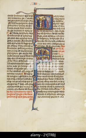 Initial S : un avocat debout devant un groupe d'hommes : initial S : un avocat avec des clients devant un juge et Un juge, avocat, et des clients au lit de malade d'un homme ; Vidal Mayor, vers 1290-1310. Informations complémentaires : en 1247, avec la reconquête de l'Espagne auprès des forces musulmanes pratiquement terminée, le roi Jacques Ier d'Aragon et de Catalogne, en Espagne, décida d'établir un nouveau code de droit systématique pour son Royaume. Il confia la tâche à Vidal de Canellas, évêque de Huesca. Le manuscrit, la seule copie connue du code de droit encore existant, est une traduction du texte latin de Vidal de Canellas dans le vernac Banque D'Images