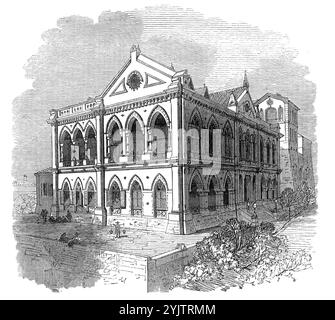 Le club allemand, Hong-Kong, 1872. « Le nouveau bâtiment du club allemand de Hong-King est montré dans notre illustration. Il est en brique, dans le style gothique, mais d'un design simple et calme. Les architectes étaient MM. Wilson et Salway. L'intérieur comprend une salle de concert, 75 pieds. long et 35 pieds large, avec un toit de 35 pi. haut, pour accueillir 275 personnes dans le public ; un salon, une salle à manger, une salle de lecture, et une salle de billard, toutes de bonnes dimensions. Il y a une scène pour des spectacles dramatiques dans la salle de concert. Le bâtiment a été construit en seize mois, pour un coût de 21 000 dollars Banque D'Images