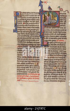 P initial : deux bergers ; Vidal Mayor, vers 1290-1310. Informations complémentaires : en 1247, avec la reconquête de l'Espagne auprès des forces musulmanes pratiquement terminée, le roi Jacques Ier d'Aragon et de Catalogne, en Espagne, décida d'établir un nouveau code de droit systématique pour son Royaume. Il confia la tâche à Vidal de Canellas, évêque de Huesca. Le manuscrit, le seul exemplaire connu du code de loi encore existant, est une traduction du texte latin de Vidal de Canellas en langue vernaculaire navarro-aragonaise (dans cette langue, le livre est appelé Vidal Mayor en référence à l'auteur). Le scribe du manuscrit Banque D'Images