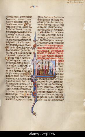 Initial N : un seigneur et un agriculteur discutant d'un accord et deux groupes d'hommes effectuant une vente en présence d'un notaire ; Vidal Mayor, vers 1290-1310. Informations complémentaires : en 1247, avec la reconquête de l'Espagne auprès des forces musulmanes pratiquement terminée, le roi Jacques Ier d'Aragon et de Catalogne, en Espagne, décida d'établir un nouveau code de droit systématique pour son Royaume. Il confia la tâche à Vidal de Canellas, évêque de Huesca. Le manuscrit, la seule copie connue du code de droit encore en vigueur, est une traduction du texte latin de Vidal de Canellas dans la langue vernaculaire navarro-aragonaise (in Banque D'Images