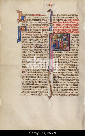 Initial S : deux hommes devant un roi ; d'autres regardant deux hommes se battre ; Vidal Mayor, vers 1290-1310. Informations complémentaires : en 1247, avec la reconquête de l'Espagne auprès des forces musulmanes pratiquement terminée, le roi Jacques Ier d'Aragon et de Catalogne, en Espagne, décida d'établir un nouveau code de droit systématique pour son Royaume. Il confia la tâche à Vidal de Canellas, évêque de Huesca. Le manuscrit, la seule copie connue du code de loi encore existant, est une traduction du texte latin de Vidal de Canellas en langue vernaculaire navarro-aragonaise (dans cette langue, le livre est appelé Vidal Mayor in referen Banque D'Images