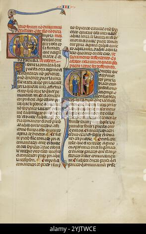 Initiale E : deux soldats combattant et un juge : initiale C : un roi tirant un homme à travers un portail ; Vidal Mayor, vers 1290-1310. Informations complémentaires : en 1247, avec la reconquête de l'Espagne auprès des forces musulmanes pratiquement terminée, le roi Jacques Ier d'Aragon et de Catalogne, en Espagne, décida d'établir un nouveau code de droit systématique pour son Royaume. Il confia la tâche à Vidal de Canellas, évêque de Huesca. Le manuscrit, la seule copie connue du code de droit encore en vigueur, est une traduction du texte latin de Vidal de Canellas dans la langue vernaculaire navarro-aragonaise (dans cette langue, le livre est c Banque D'Images