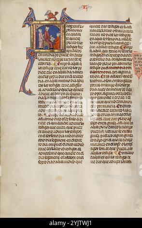 Initiale J : un homme agenouillé devant un juge ; Vidal Mayor, vers 1290-1310. Informations complémentaires : en 1247, avec la reconquête de l'Espagne auprès des forces musulmanes pratiquement terminée, le roi Jacques Ier d'Aragon et de Catalogne, en Espagne, décida d'établir un nouveau code de droit systématique pour son Royaume. Il confia la tâche à Vidal de Canellas, évêque de Huesca. Le manuscrit, le seul exemplaire connu du code de loi encore existant, est une traduction du texte latin de Vidal de Canellas en langue vernaculaire navarro-aragonaise (dans cette langue, le livre est appelé Vidal Mayor en référence à l'auteur). L'homme Banque D'Images