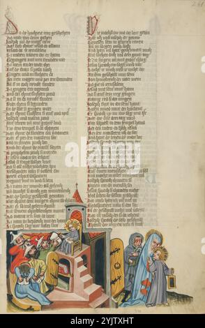 Jésus parmi les médecins ; Weltchronik, vers 1400-1410. Informations supplémentaires : citation texte : ils l'ont trouvé dans le temple, assis parmi les médecins, les entendant, et leur posant des questions. Et tous ceux qui l`entendaient furent étonnés de sa sagesse et de ses réponses. (Luc 2:46-47). À gauche, un Jésus extrêmement précoce se dispute avec les anciens du temple. Il est présenté ici sous la forme d'un professeur médiéval, assis sur un podium surélevé devant ses "élèves". À droite, nous voyons Jésus apparaître comme l'élève lui-même. Il tient dans sa main une tablette de cire, la version médiévale des cahiers i. Banque D'Images