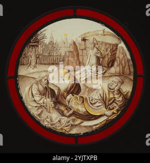 Christ sur le Mont des oliviers, vers 1480-1500. Informations supplémentaires : avant son arrestation, Christ prie à l'extérieur de Jérusalem sur le Mont des oliviers, "Père, si tu flétris, enlève ce calice de moi" (Luc 22:42 [Douay-Reims]), se référant à sa souffrance imminente et sa mort. Au premier plan se trouvent trois des disciples, le jeune Jean sans barbe, Jacques avec ses mains jointes dans la prière, et Pierre dormant tout en tenant une épée. En arrière-plan, Judas, serrant un sac d'argent, conduit les soldats à passer par une porte. La composition est basée sur des images trouvées dans des tirages représentant des scènes séquentielles du Banque D'Images