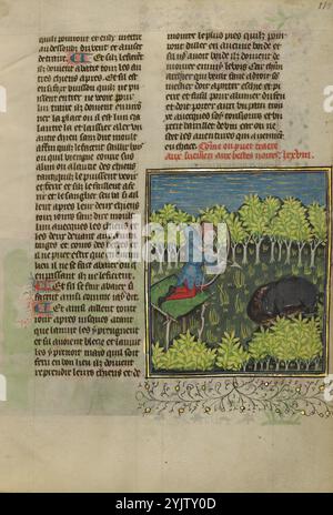 An Archer on a Platform Shooting at a Wallows Wild Boar ; Livre de la chasse, vers 1430-1440. Banque D'Images