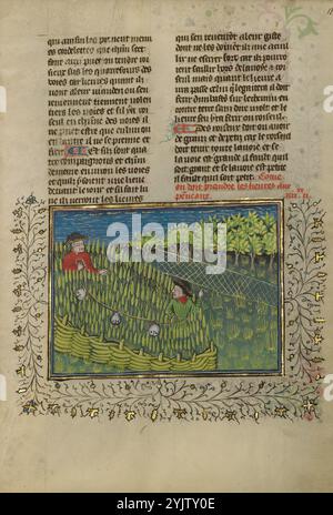 Chasseurs avec cloches conduisant des lièvres dans un filet ; Livre de la chasse, vers 1430-1440. Banque D'Images