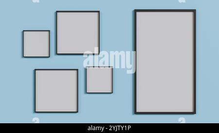 Arrangement minimaliste de cadres de différentes tailles en blanc sur un mur bleu. Parfait pour les projets de design d'intérieur et comme inspiration déco. Banque D'Images