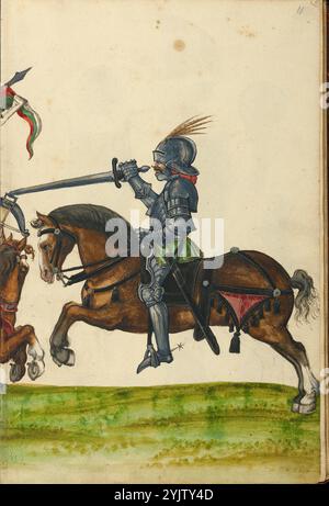 Trois cavaliers en armure de l'époque de l'empereur Sigismond ; Livre de tournoi, vers 1560-1570. Banque D'Images