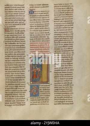 Deux Chevaliers en conversation au Château des larmes ; Roman du bon Chevalier Tristan, fils au bon Roy Meliadus de Leonois, vers 1320-1340. Page tirée d'un livre basé sur la romance chevaleresque médiévale de Tristan et Iseult, également connu sous le nom de Tristan et Isolde. Banque D'Images