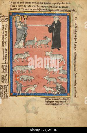 Christ et un moine et deux bergers ; de Natura avium ; de Pastoribus et Ovibus ; Bestiarium ; Mirabilia Mundi ; Philosophia Mundi ; sur l'âme, 1277 ou après. Informations supplémentaires : un bestiaire est une collection d'histoires sur les animaux, les oiseaux, les poissons, les plantes, et même les pierres, dont les propriétés ont été interprétées comme des reflets de l'ordre divin de Dieu. Au cours des années 1200, la curiosité pour le monde naturel était si répandue que le bestiaire illustré a atteint le sommet de sa popularité. Outre le texte principal du bestiaire, ce manuscrit contient cinq autres études du monde naturel : les traités Banque D'Images