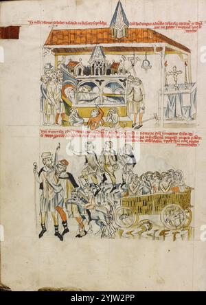 Les malades, les lépreux et les boiteux priant au tombeau de Saint Hedwige : les gens venant visiter le tombeau de Saint Hedwigis ; Vita beatae Hedwigis, 1353. Informations supplémentaires : cette miniature représente le sanctuaire de Saint Hedwige, qui a été le site des miracles posthumes du saint. Devant sa tombe, s'agenouiller trois personnages malades qui représentent les « infirmes, infirmes et boiteux » décrits dans l'inscription en haut de la page. Sur le mur derrière sa tombe, des béquilles pendent comme des ex-votos, testaments de remèdes miraculeux. Au bas de la page, l’artiste a représenté des pèlerins venus de loin, à la recherche du sain Banque D'Images