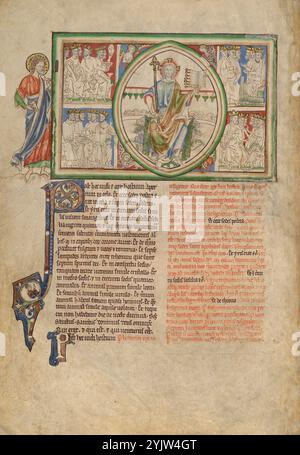 La vision du trône de Dieu et des vingt-quatre anciens ; Apocalypse de Dyson Perrins, vers 1255-1260. Informations supplémentaires : à gauche, Saint John regarde à travers une minuscule fenêtre dans le cadre dans la miniature. Le trou de regard sert à illustrer le caractère visionnaire de la scène dans la miniature. Ici, Jean voit Christ sur un trône dans une mandorla arc-en-ciel. Suivant de près le texte visionnaire de l'Apocalypse (4:1-11), l'illuminateur comprenait les quatre bêtes vivantes, qui soutiennent la mandorla, et les vingt-quatre aînés. Les aînés sont assis sur des trônes autour de Christ, couronnés, "c Banque D'Images