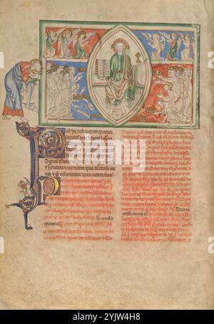 Les vingt-quatre anciens rendent hommage au trône de Dieu ; Dyson Perrins Apocalypse, vers 1255-1260. Informations supplémentaires : dans le registre supérieur, les anges s'agenouillent devant la figure centrale intronisée. Dans le registre ci-dessous, l'illuminateur représentait la vision de Jean : « les quatre et vingt anciens tombèrent devant celui qui est assis sur le trône, et adorèrent celui qui vit pour toujours et pour toujours, et jetèrent leurs couronnes devant le trône, en disant : « tu es digne, Seigneur notre Dieu, de recevoir gloire, honneur et puissance. » (Apocalypse 4:10-11) Banque D'Images