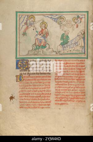 Jean commanda d'écrire et les Bienheureux morts ; Dyson Perrins Apocalypse, vers 1255-1260. Informations supplémentaires : citation texte : et j'ai entendu une voix du ciel me disant, "écrivez : bénis sont les morts, qui meurent dans le Seigneur." (Apocalypse 14:13). Un ange descend du ciel avec un stylo et une encrier, qu'il remet à Saint Jean, prêt avec du parchemin et un canif. À droite, une femme pleure quatre morts. Les anges au-dessus portent les âmes des défunts directement au ciel, signe qu'ils sont parmi les bénis qui sont morts dans le Seigneur. Banque D'Images