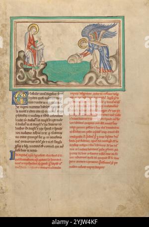 Un ange jetant une pierre de bois dans la mer ; Apocalypse de Dyson Perrins, vers 1255-1260. Informations supplémentaires : dans cette image concernant le sort de Babylone, Saint Jean lit dans un livre comme un ange jette une grande pierre dans la mer. Le texte explique que la pierre est une grande meule et que l'ange la jette dans l'eau en disant: "Babylone, cette grande ville, sera jetée avec la même véhémence, et ne sera plus jamais trouvée." (Apocalypse 18:21) Banque D'Images