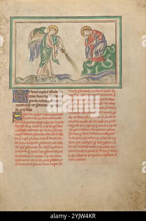 Le sixième vaisseau : la dessiccation de l'Euphrate ; Apocalypse de Dyson Perrins, vers 1255-1260. Informations supplémentaires : citation texte : le sixième ange a versé son récipient sur ce grand fleuve Euphrate et a asséché l'eau de celui-ci, de sorte qu'un chemin pourrait être préparé pour les rois du lever du soleil. (Apocalypse 16:12) alors que Saint Jean regarde tristement du sommet d'une colline, l'ange, avec ses grandes ailes balayées derrière, vide le vaisseau. Le contenu du navire semble assécher l'eau de l'Euphrate où elle tombe. Banque D'Images