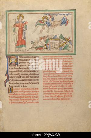 La chute de Babylone ; Apocalypse de Dyson Perrins, vers 1255-1260. Informations supplémentaires : citation texte : après ces choses, j'ai vu un autre ange descendre du ciel, ayant un grand pouvoir, et la terre a été illuminée de sa gloire. Il s`écria d`une voix forte : Babylone, la grande, est tombée, est tombée et est devenue la demeure des démons, la mainmise de tout esprit impur, et la mainmise de tout oiseau impur. "(Apocalypse 18:1-2). L'ange dans la miniature pointe vers la ville détruite de Babylone ci-dessous. Les esprits impurs, représentés par des visages malformés, regardent de l'UEDN Banque D'Images