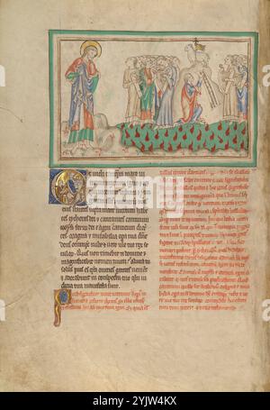 The Harp-Playing Victors on the Sea of Glass ; Dyson Perrins Apocalypse, vers 1255-1260. Informations supplémentaires : citation texte : J'ai vu comme il était une mer de verre mêlée avec le feu, et ceux qui avaient vaincu la bête, et son image, et le numéro de son nom, debout sur la mer de verre, ayant les harpes de Dieu, et chantant le cantique de Moïse, le serviteur de Dieu, et chantant le cantique de l'Agneau. (Apocalypse 15:2-3) avant que les anges ne vident leurs récipients sur la terre, Jean voit des gens pieux et justes chanter le "cantique de l'Agneau". Des flammes rouges parsèment la mer de verre mentionnée dans Banque D'Images