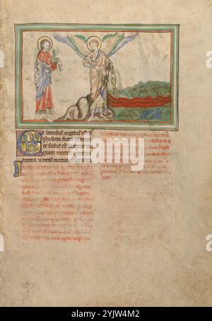 Le deuxième navire : Death in the Sea ; Dyson Perrins Apocalypse, vers 1255-1260. Informations supplémentaires : citation texte : le deuxième ange a versé son récipient sur la mer, et il est venu le sang comme il était d'un homme mort ; et chaque âme vivante est morte dans la mer. (Apocalypse 16:3). Faisant un geste vers son vaisseau renversé, d’où vient d’être libéré le deuxième des sept derniers fléaux, l’ange se tourne vers Saint Jean. Le sang coule, représenté dans la miniature comme un grand andain rouge coupant à travers l'eau. Les corps du malade sont visibles à travers la mer transparente. Banque D'Images