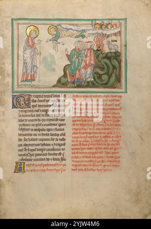 Le troisième Ange et l'interdiction d'adorer la Bête ; Dyson Perrins Apocalypse, vers 1255-1260. Informations complémentaires : comme Saint Jean regarde, un troisième ange descend avec un message de représailles: "Si un homme aura adoré la bête et son image et reçu la marque sur son front. . . Il boira aussi du vin de la colère de Dieu. . . Et sera tourmenté de feu et de soufre aux yeux des anges saints et aux yeux de l'Agneau. Et la fumée de leurs tourments montera pour toujours et toujours. . . ." (Apocalypse 14:9-11) sous l'ange, les disciples de la bête parlent avec inquiétude Banque D'Images