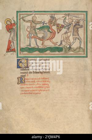 The Dragon Fighting the Just ; Dyson Perrins Apocalypse, vers 1255-1260. Informations supplémentaires : Saint John se détourne dans l'horreur que le dragon, irrité par l'évasion de la femme, combat les guerriers chrétiens tenant des boucliers avec des croix. Comme le texte le décrit, le dragon "est allé faire la guerre avec le reste de la semence de la femme, qui garde les commandements de Dieu, et ont le témoignage de Jésus." (Apocalypse 12:17) les têtes du dragon font face à la fois à gauche et à droite, signe de sa puissance inéluctable. L'une des têtes du dragon enfonce ses dents dans un bouclier, et même la queue se joint à la mêlée comme la tête sur lui Banque D'Images