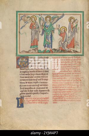 Saint Jean mange le livre reçu de l'Ange ; Dyson Perrins Apocalypse, vers 1255-1260. Informations supplémentaires : une voix du ciel dit à Saint Jean de prendre le livre de l'ange puissant, la figure ailée au centre. Le puissant ange tenant le livre ordonne alors à Jean de le manger et de "prophétiser à nouveau à beaucoup de Nations, de peuples, de langues et de rois." Pour transmettre le sens de la séquence des événements dans la miniature, l'illuminateur a répété la figure de Saint Jean trois fois. Banque D'Images