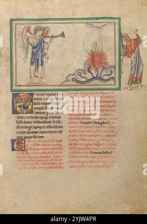 La troisième trompette : The Burning Star Falls into the River ; Dyson Perrins Apocalypse, vers 1255-1260. Informations supplémentaires : citation texte : et le troisième ange a sonné la trompette, et une grande étoile est tombée du ciel, brûlant comme une torche, et il est tombé sur une troisième partie des rivières. . . . (Apocalypse 8:10). L'étoile ressemble à un grand orbe incandescent avec des langues de flamme sautant de sa surface ; la traînée rouge clair des lignes laissées derrière souligne son mouvement vers le bas. L'illuminateur représentait les sept grands fleuves de la terre connus des Européens de l'Ouest à l'époque comme des lignes bleues ondulées stylisées flowi Banque D'Images