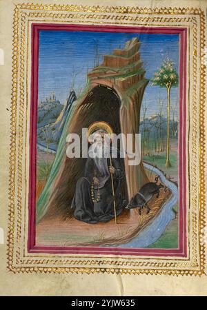 Saint Antoine Abbé ; heures de Gualenghi-d'Este, vers 1469. Informations complémentaires : dans la dernière miniature de la section suffrages, Taddeo Crivelli peint Saint Antoine Abbé, qui se retire dans le désert égyptien dans les années 300 Vêtu de la robe noire de l'ordre des hospitaliers, il apparaît avec un petit cochon. Les hospitaliers, fondés en 1100 pour aider les malades, ont pris Saint Antoine comme saint patron. Compte tenu d'une dispense papale qui permettait à leurs cochons de se promener librement dans les villes médiévales, l'ordre a pris l'animal comme emblème. Seul dans sa grotte, le saint tient ses perles de prière. Ceci, avec son e Banque D'Images