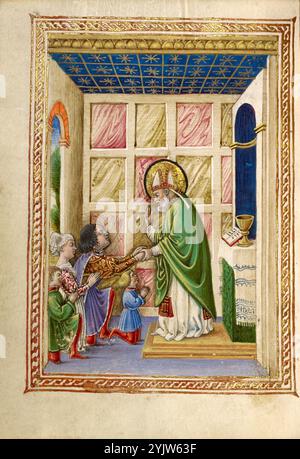 Saint Bellinus célébrant la messe ; heures de Gualenghi-d'Este, vers 1469. Informations complémentaires : dans une miniature simplement encadrée dans ce livre d'heures, Saint Bellinus, un saint local peu connu, célèbre la messe devant la famille Gualenghi-d'Este agenouillée. Le saint, évêque de Padoue du XIIe siècle, agrafe les bras tendus d'Andrea Gualengo tout en faisant des gestes vers le ciel. On croyait que les saints agissaient comme intermédiaires entre Dieu et les fidèles. Ici Bellinus, mort depuis longtemps, apparaît devant ceux qui le prient, comblant le fossé entre le XIIe et le XVe siècles et entre ce monde Banque D'Images