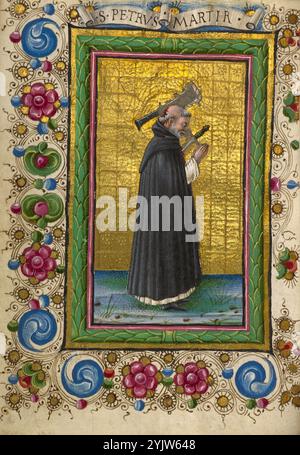 Martyr Saint Pierre ; heures de Gualenghi-d'Este, vers 1469. Informations complémentaires : Saint Pierre Martyr, prédicateur dominicain et inquisiteur du pape, montre les outils de son martyre : un poignard pénètre dans sa poitrine, et un couteau à large lame se clive son crâne. Dans cette image emblématique, dont le calme nie la violence de sa mort, Pierre porte l’habitude de l’ordre dominicain. Banque D'Images