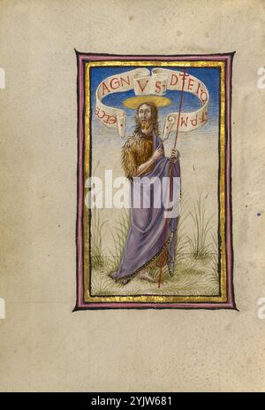 Saint Jean Baptiste ; heures de Gualenghi-d'Este, vers 1469. Informations supplémentaires : le prophète Saint Jean Baptiste, cousin de Jésus, porte une chemise en cheveux de chameau comme signe de son ascétisme. Un rouleau au-dessus de lui se lit : Ecce Agnus Dei Q[ui] T[ollis] P[eccata] M[undi] (Voici l'Agneau de Dieu, qui enlève les péchés du monde). Jean-Baptiste est le premier de plus de vingt-cinq saints énumérés dans les suffrages, une section de prières invoquant l'aide des saints. Banque D'Images