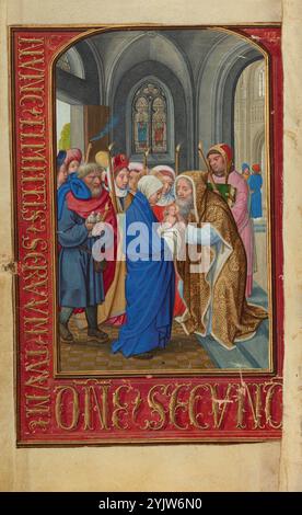 La présentation dans le Temple ; Livre de prière du cardinal Albrecht de Brandebourg, vers 1525-1530. Informations supplémentaires : Joseph et Marie amènent l'enfant Jésus dans l'entrée du Temple, où Siméon, un prêtre pieux de Jérusalem, tend la main pour accepter l'enfant. Selon la loi hébraïque, le fils premier-né de chaque famille juive a été présenté à Dieu quarante jours après sa naissance. Joseph tient deux tourterelles, le sacrifice traditionnel, tandis qu'un certain nombre de personnes derrière lui portent des bougies allumées. La fumée bleue s'élève de la mèche orange incandescente d'une bougie qui vient d'être éteinte par un courant d'air Banque D'Images