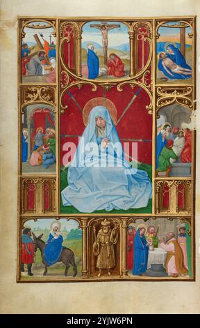 Les sept douleurs de la Vierge ; Livre de prière du cardinal Albrecht de Brandebourg, vers 1525-1530. Informations supplémentaires : au centre de la miniature, la Vierge est assise sur le sol avec sept épées qui la transperdent, chacune symbolisant l'un des événements liés au Christ qui a apporté son chagrin. Le thème des sept douleurs de la Vierge était destiné à attirer le spectateur dans les pensées et les sentiments de Marie alors qu'elle réfléchissait à la vie et à la mort de son fils. En se déplaçant dans le sens des aiguilles d'une montre en bas à droite autour de l'image centrale, de petites scènes narratives représentent les sept épisodes : la présentation dans le Temple, le Fli Banque D'Images