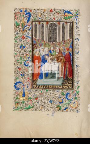 La circoncision ; heures de Llangattock, années 1450 Informations complémentaires : ce livre d'heures finement illustré tire son nom du baron Llangattock, qui possédait le livre dans les années 1900 Le manuscrit présente un intérêt particulier car un certain nombre de ses miniatures sont étroitement liées aux compositions du célèbre peintre Jan van Eyck. L'influence du style de van Eyck est le plus clairement visible dans les quatorze miniatures pleine page du manuscrit. Une miniature pleine page ouvre chacun des textes majeurs du livre, dont huit consacrés aux heures de la Vierge, la section la plus importante d'un livre d'heures. Le suf Banque D'Images