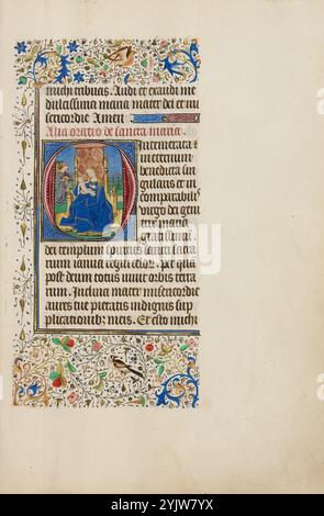 Initiale O : la Vierge et l'enfant intronisé ; heures de Llangattock, années 1450 Informations complémentaires : ce livre d'heures finement illustré tire son nom du baron Llangattock, qui possédait le livre dans les années 1900 Le manuscrit présente un intérêt particulier car un certain nombre de ses miniatures sont étroitement liées aux compositions du célèbre peintre Jan van Eyck. L'influence du style de van Eyck est le plus clairement visible dans les quatorze miniatures pleine page du manuscrit. Une miniature pleine page ouvre chacun des textes majeurs du livre, dont huit consacrés aux heures de la Vierge, la section o la plus importante Banque D'Images