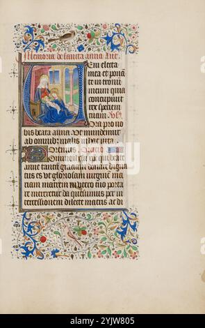 V initial : la Vierge à l'enfant avec Sainte Anne ; heures de Llangattock, années 1450 Informations complémentaires : ce livre d'heures finement illustré tire son nom du baron Llangattock, qui possédait le livre dans les années 1900 Le manuscrit présente un intérêt particulier car un certain nombre de ses miniatures sont étroitement liées aux compositions du célèbre peintre Jan van Eyck. L'influence du style de van Eyck est le plus clairement visible dans les quatorze miniatures pleine page du manuscrit. Une miniature pleine page ouvre chacun des textes majeurs du livre, dont huit consacrés aux heures de la Vierge, la secte la plus importante Banque D'Images
