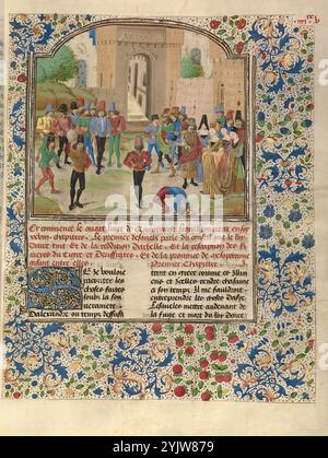 Le concours de Sittacène et l'apaisement de Sisigambis ; Livre des fais d'Alexandre le Grant, vers 1470-1475. Informations complémentaires : avant les impressionnants remparts en pierre d'une ville conquise dont la porte est marquée de son nom, Alexandre le Grand accueille des jeux parmi ses troupes. Les jeux ont été conçus pour remonter le moral de ses troupes alors qu'elles marchaient de Babylone à Susa. Entouré de membres de l'armée vêtus dandily, un acrobate effectue de la gymnastique tandis qu'un autre homme lève une grosse pierre. Plutôt que de souligner les exigences physiques des jeux, l'artiste a fait des soldats un splendide s. Banque D'Images