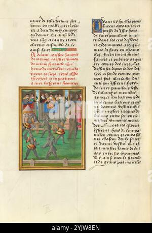 Jacques de Lalaing et ses compagnons combattant les chevaliers écossais devant le roi d'Écosse ; Livre des faits de Jacques de Lalaing, vers 1530. Scène tirée du Livre des actes de Messire Jacques de Lalaing. Lalaing (1421-1453), peut-être le chevalier le plus renommé de Bourgogne au XVe siècle, aurait été l'un des meilleurs combattants médiévaux de tournoi de tous les temps. Banque D'Images