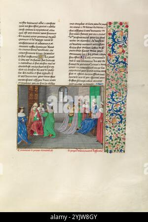 Le pape urbain VI et l'anti-pape Clément VII, c1378 ; chroniques (Livre trois) ; le pape urbain VI et l'anti-pape Clément VII à Avignon, vers 1480-1483. Informations complémentaires : bien que Jean Froissart se concentre principalement sur les manœuvres et les batailles politiques dans sa chronique, il écrit également sur les problèmes rencontrés par la papauté. Cette image illustre la situation confuse provoquée par le Grand schisme, qui a commencé en 1378 avec l'élection de différents papes par deux groupes opposés de cardinaux. Au début de 1378, un groupe de cardinaux principalement italiens élit Urban VI comme pape. Plus tard cette même année, Banque D'Images